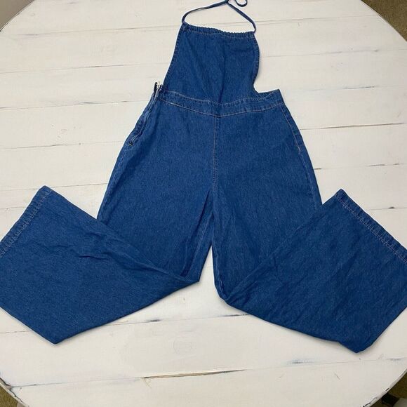 EZwear Size Large Solid Wide Leg Halter Top Denim Overalls Medium Wash - Picture 3 of 16